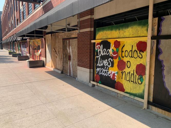 downtown boarded business painted