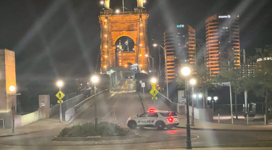FOX19 picture of Roebling Suspension Bridge after in Covington bomb threat