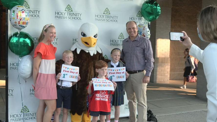 Students on the first day of school at Holy Trinity School