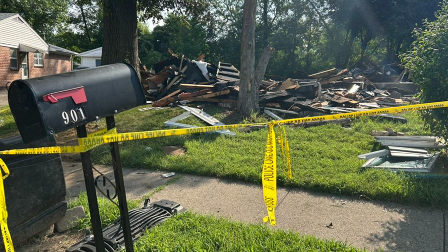 Police tape near rubble after Jeffersonville house explosion