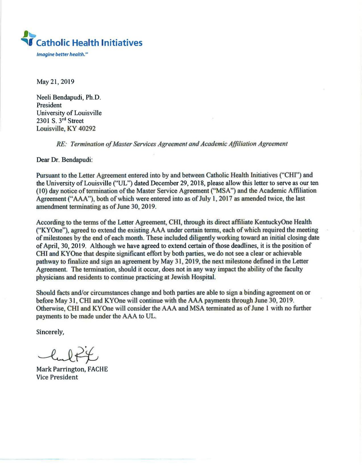 Catholic Health Initiatives 5-21-19 termination notice