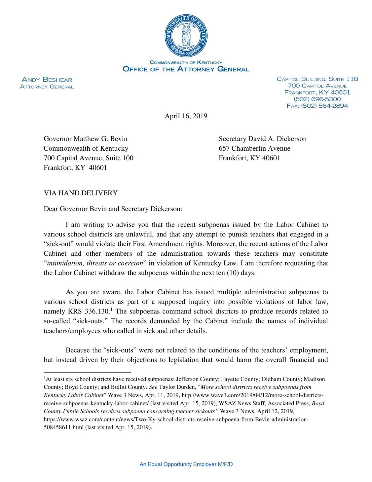 Attorney General Beshear letter demanding "sick out" subpoenas be rescinded