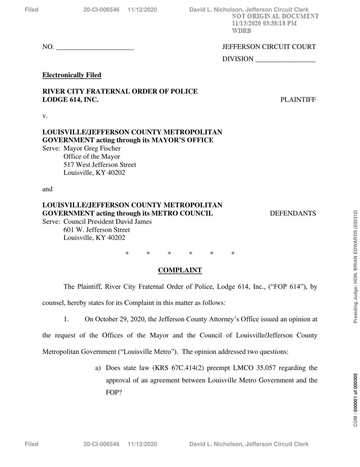 River City FOP Lodge 614 lawsuit vs. Louisville Metro Government