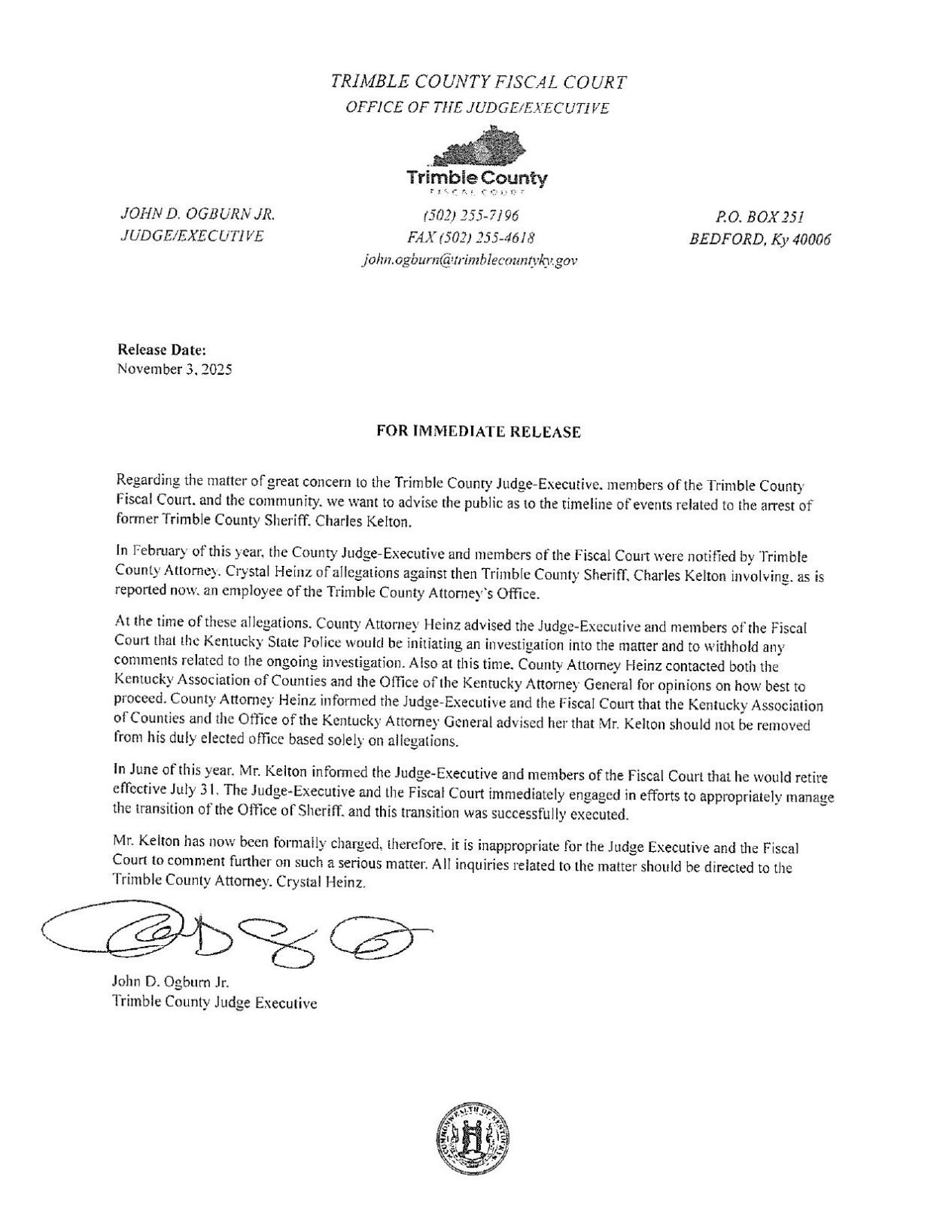 Trimble CountyJudge Executive statement 11-3-2025