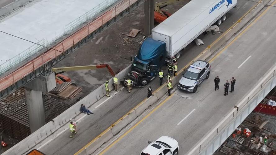 Drone view of April 2 semi crash on Sherman Minton Bridge