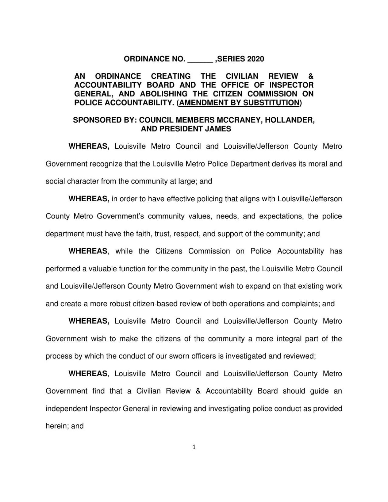 Civilian Review & Accountability Board ordinance