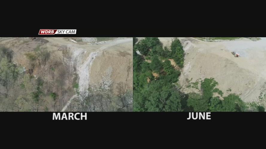 Before and after aerial views of Bullitt County landfill after sludge cleanup in Blue Lick Creek