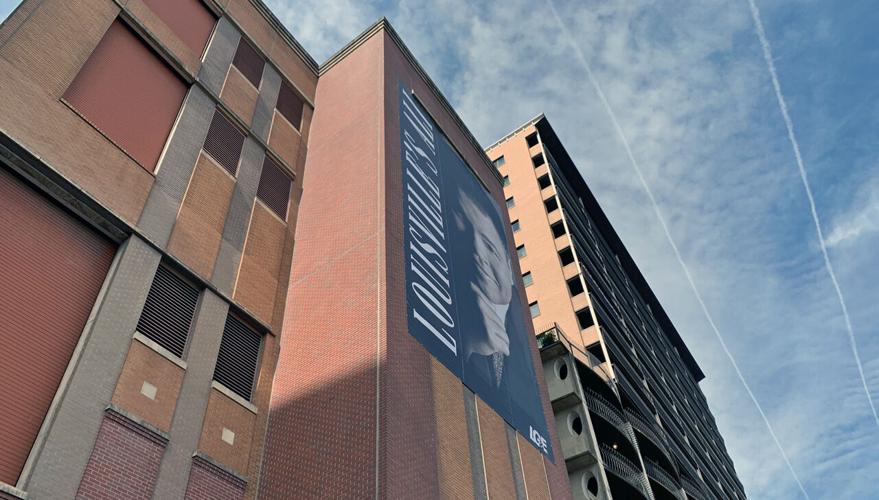Newly refurbished Muhammad Ali banner hung on June 28, 2022 as part of Hometown Heroes campaign