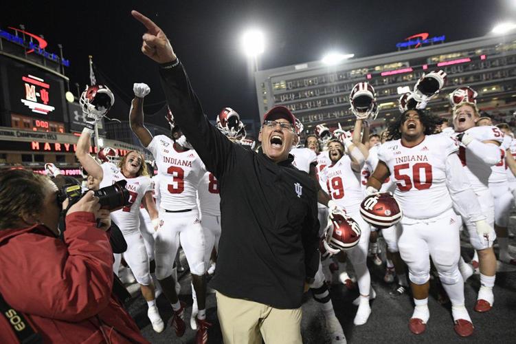 Indiana head coach Tom Allen, center, celebrates with his team