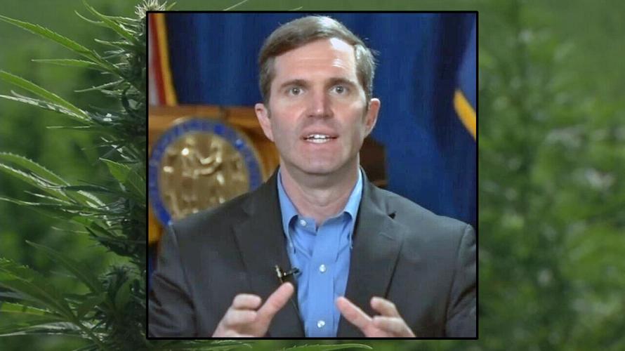 Gov Andy Beshear against backdrop of cannabis