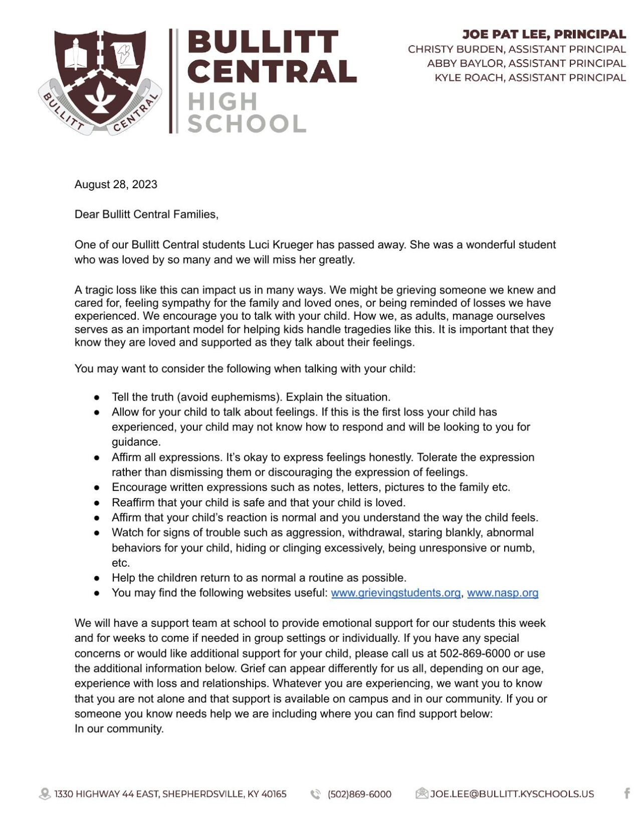 Bullitt Central letter - passing of Luci Krueger