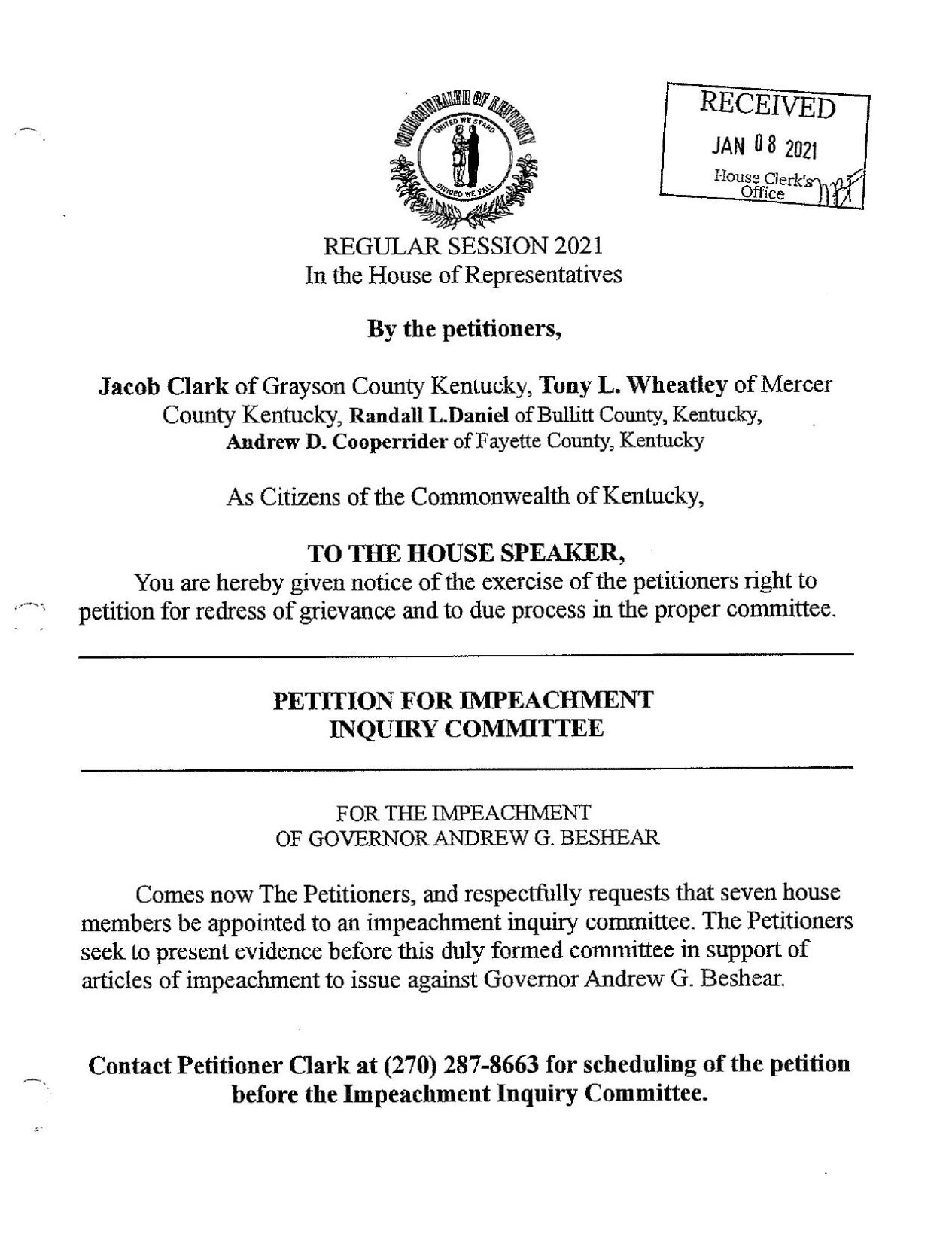 Citizens' petition to impeach Kentucky Gov. Andy Beshear