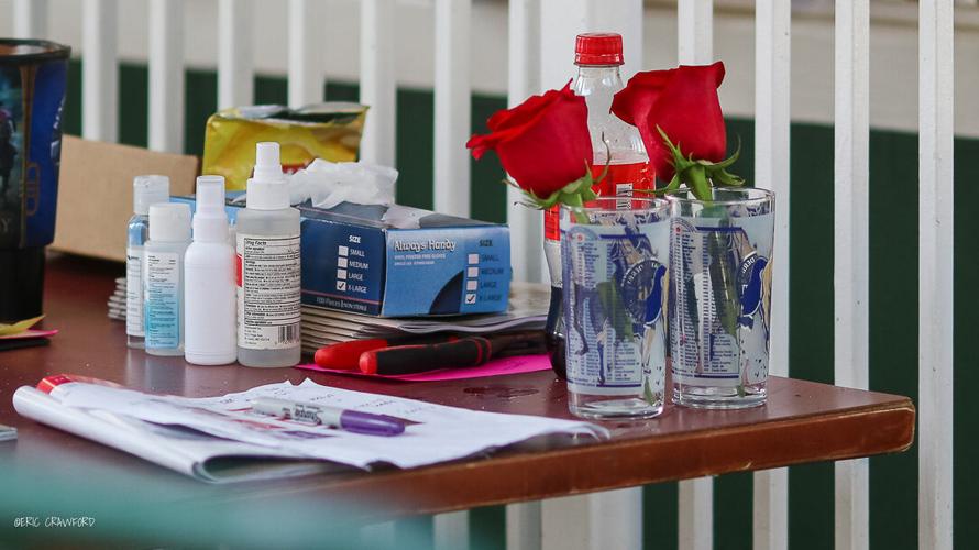 Hand sanitizer and gloves at the 146th running of the Kentucky Derby