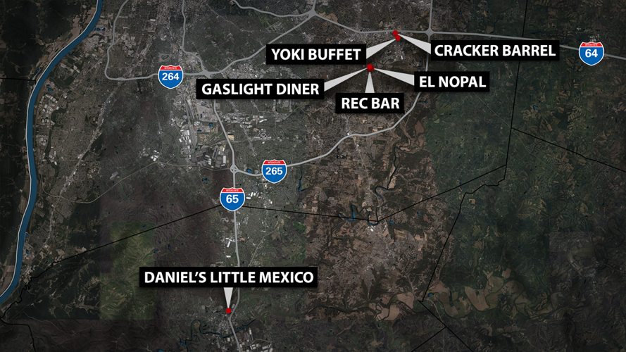 Map of cooking oil thefts at Louisville restaurants - 3.21.25