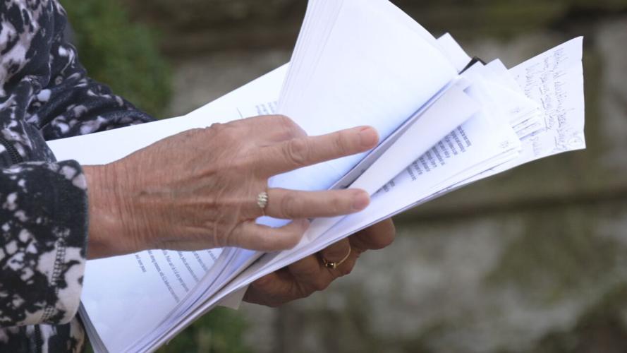 Joyce Connor, a project co-chair, looks through pages of ideas submitted for essay contest