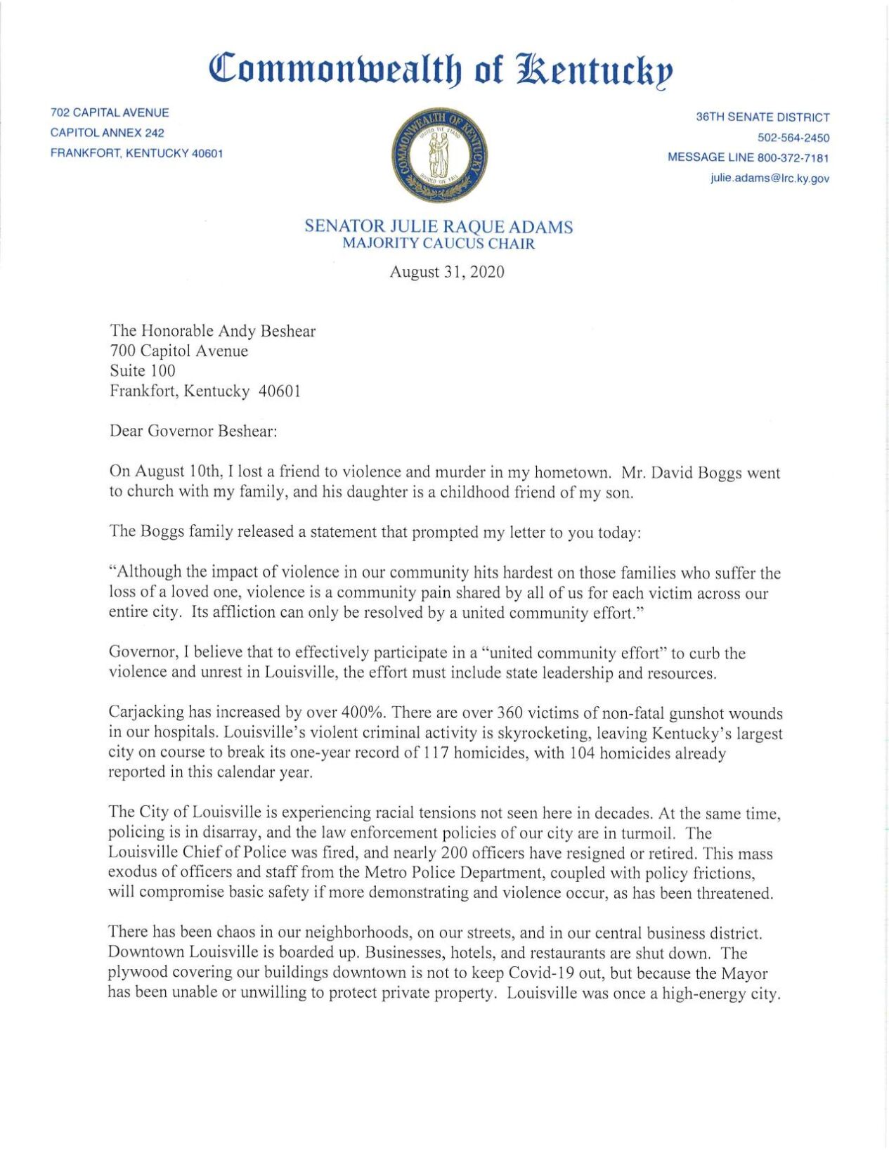 Sen. Julie Raque Adams letter to Beshear, Sept. 1, 2020