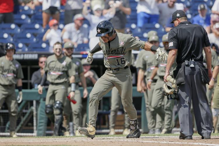 Vanderbilt's Austin Martin (16) stomps on home plate