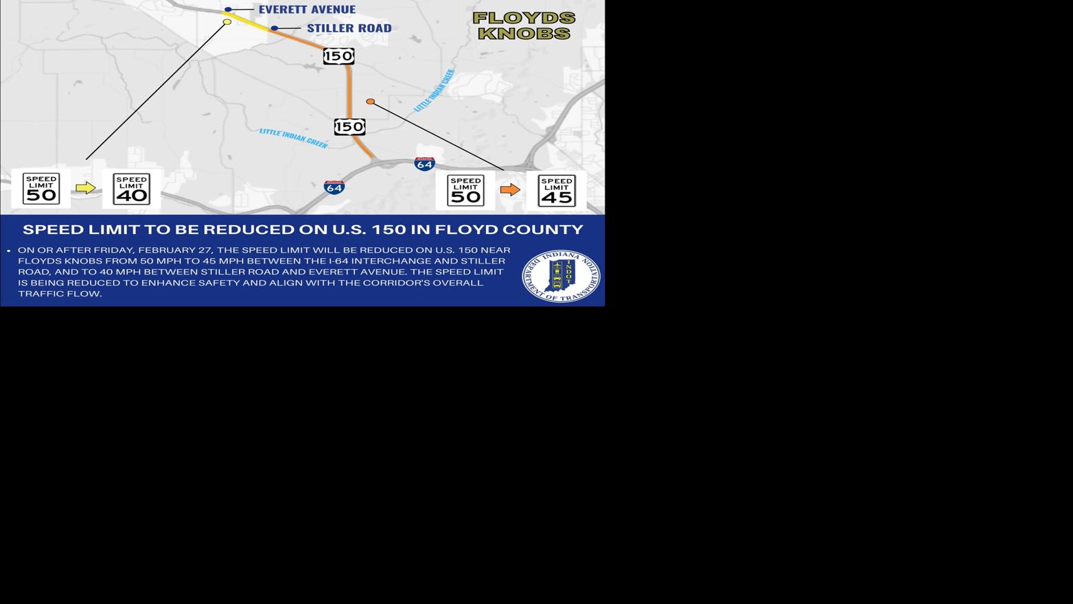 U.S. 150 map of speed limit reductions - 2.26.26