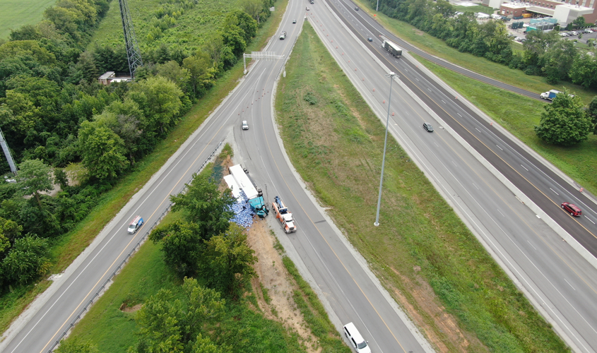 Aerial view of Bud Truck on its Side