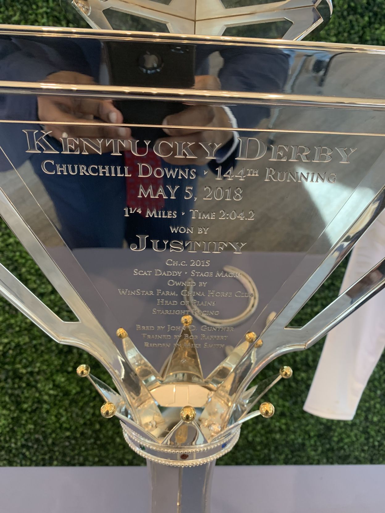 Plaque on Triple Crown trophy at Kentucky Derby Museum 4-24-19