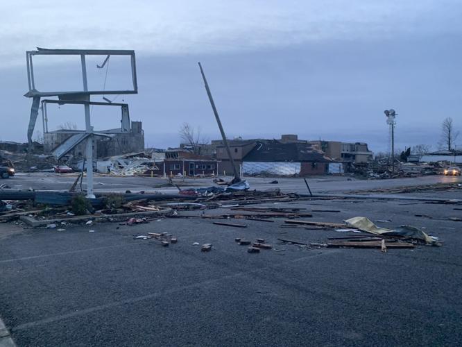 Severe storm damage in Mayfield, Kentucky on Dec. 11, 2021