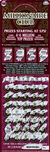 Kentucky's Millionaire Club Scratch-Off ticket