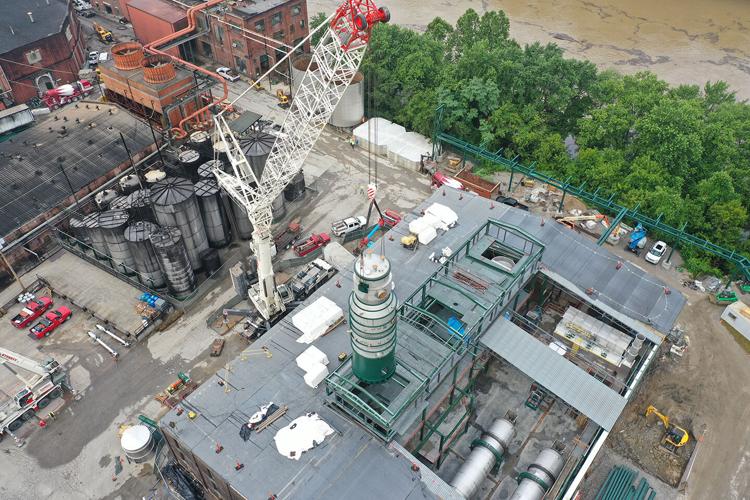 Buffalo Trace Distillery new evaporator on crane above dry house.JPG
