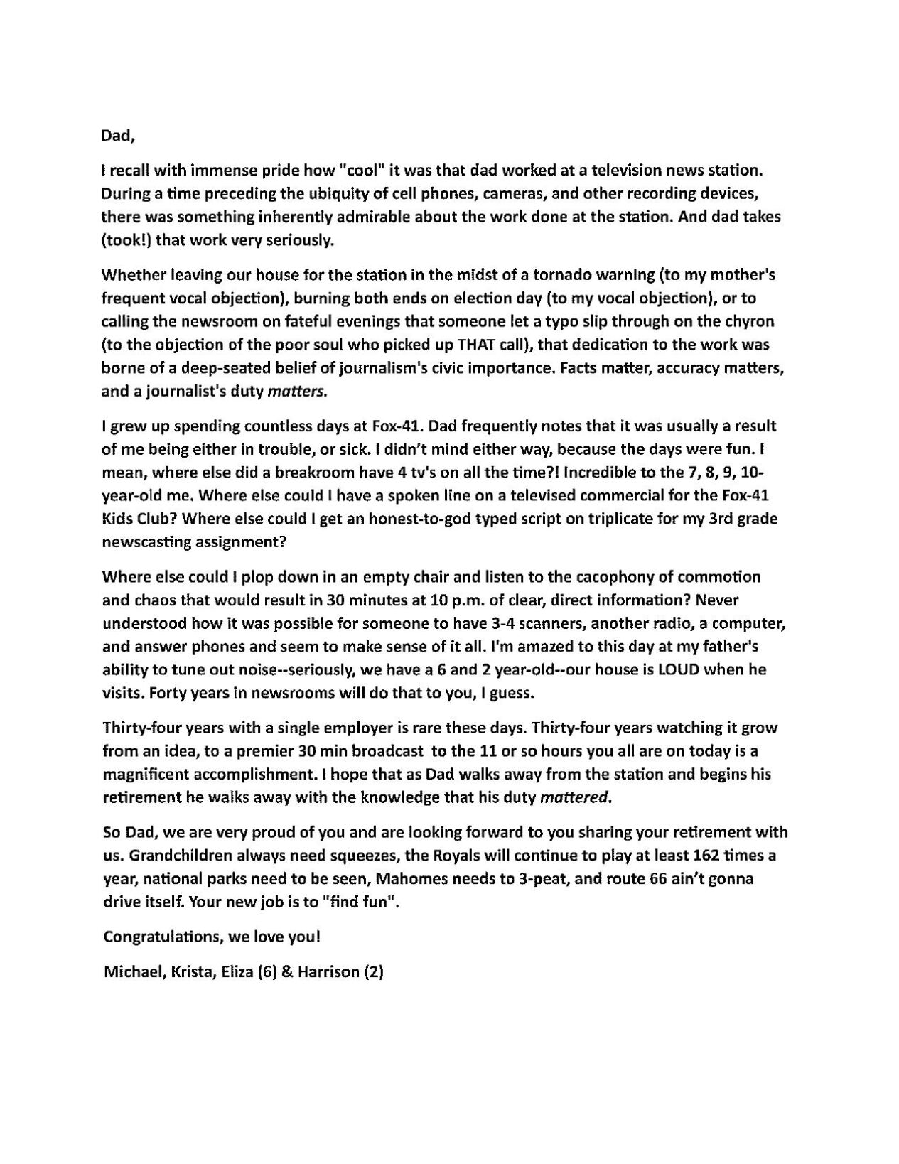 Letter to Kerry McGee from son Michael