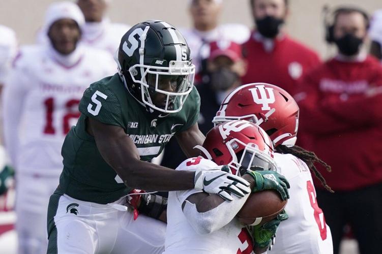 Indiana defensive back Tiawan Mullen (3) intercepts a pass intended for Michigan State