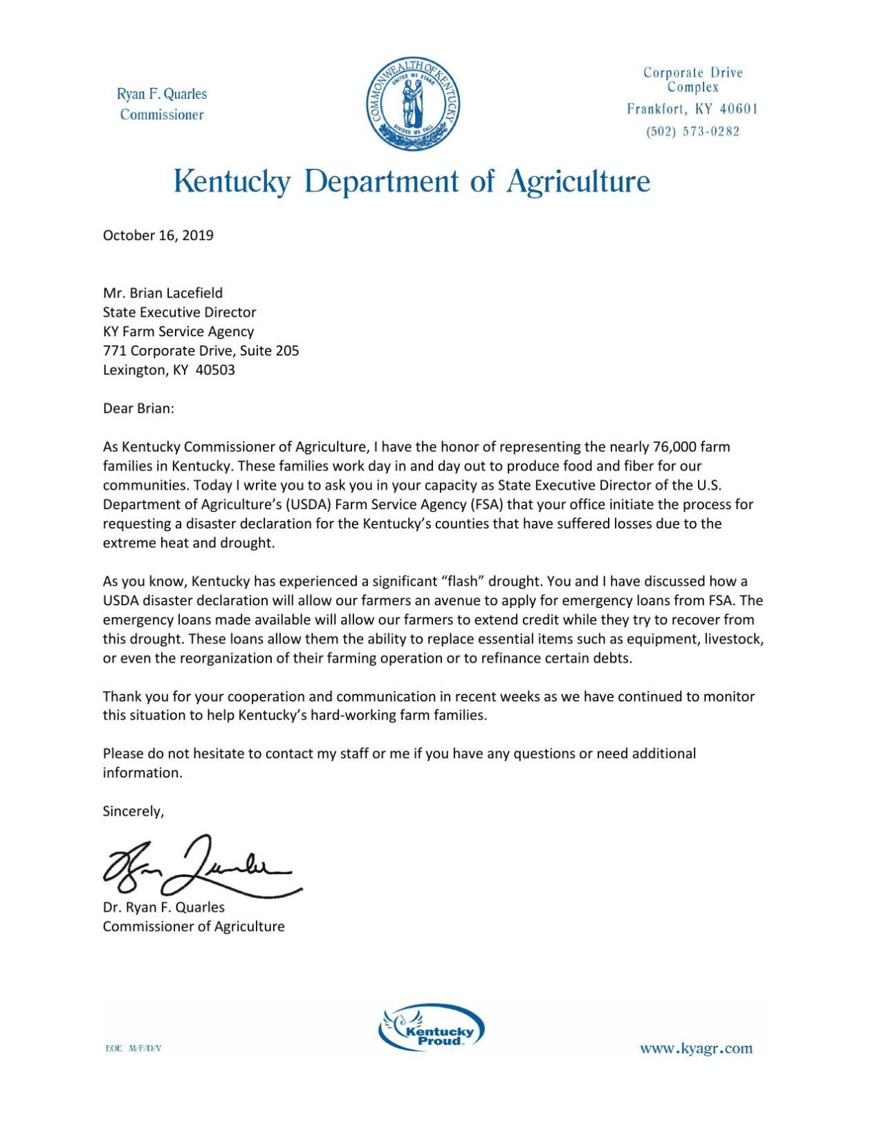 Disaster Declaration Request - Ryan Quarles