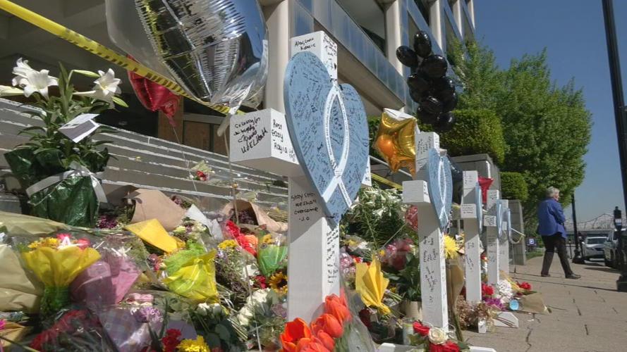 The community memorial outside Old National Bank continued to grow on Thursday, April 13, 2023.