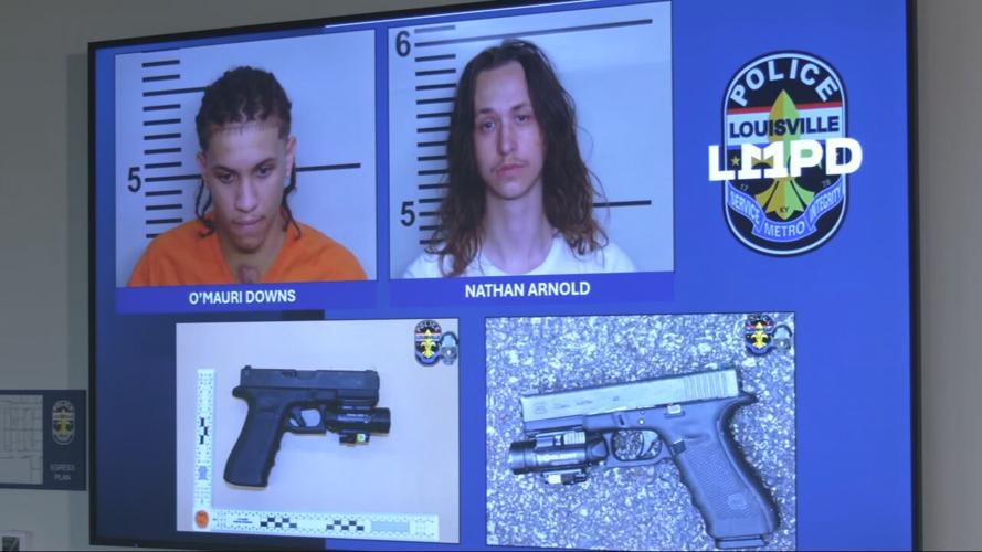 LMPD presser -- O'Mauri Downs and Nathan Arnold mugs + recovered firearm 7-26-26 police shooting