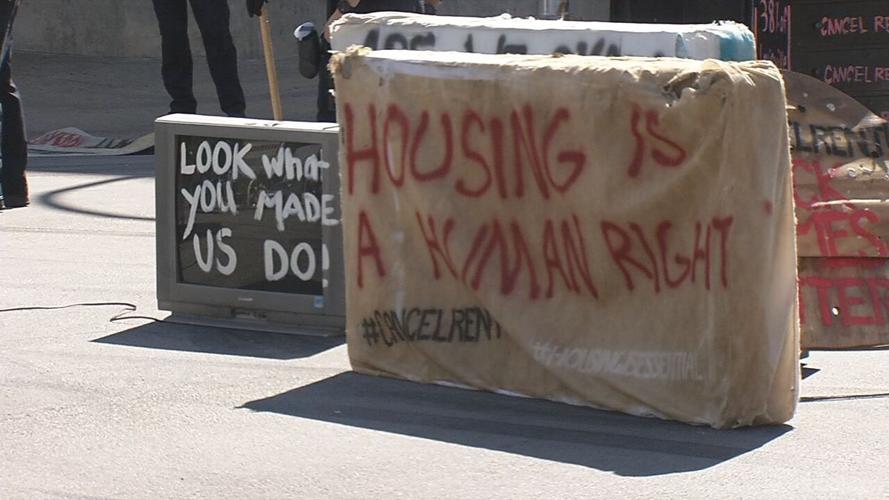 Anti-eviction protest furniture blocking 6th and Jefferson 8-8-20