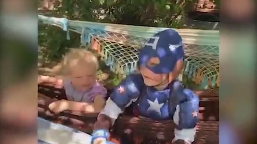 Bridger Walker in Captain America suit with sister