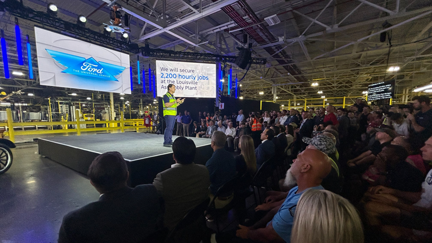CEO Jim Farley unveils Ford's Universal EV Production System at Louisville Assembly Plant