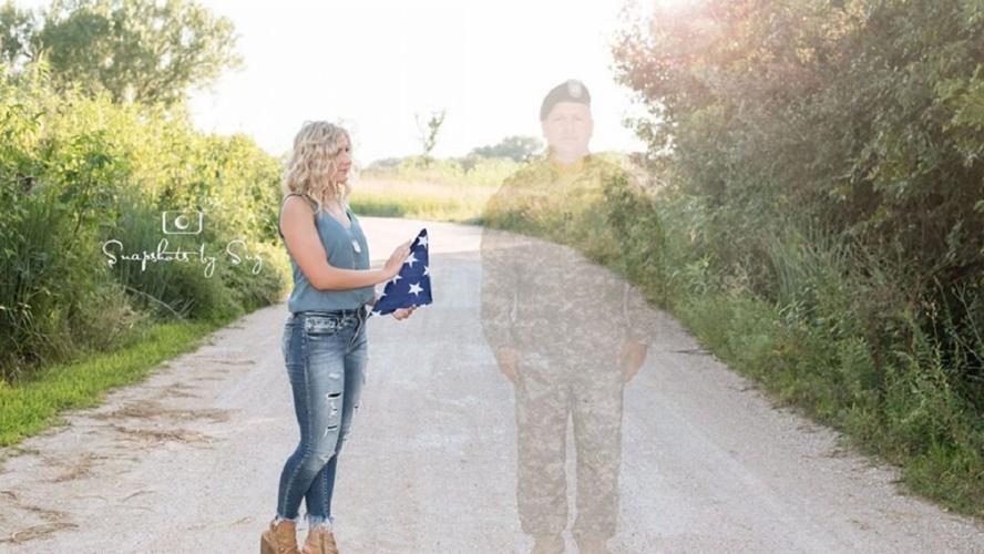 Julia Yllescas stands next to a faint image of her father