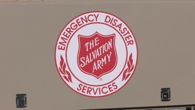 Salvation Army logo on temporary shelter