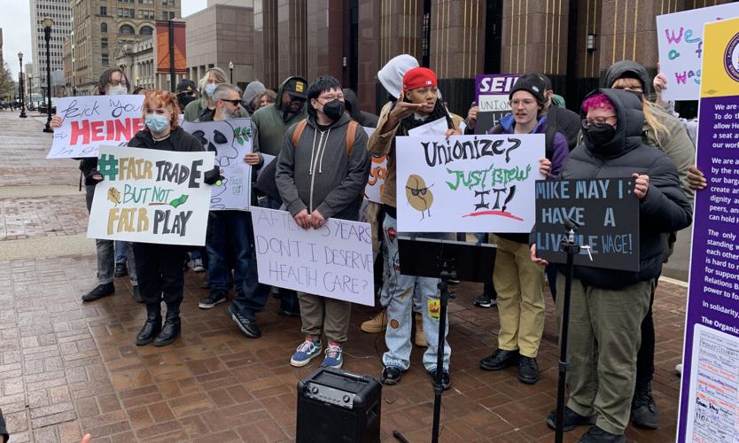 Heine Brothers' Coffee employees hold rally in favor of unionization on April 8, 2022