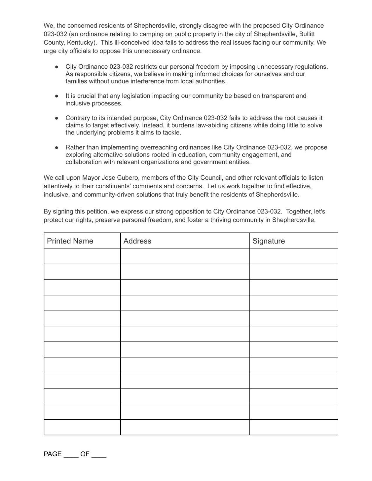 Camping ordinance petition