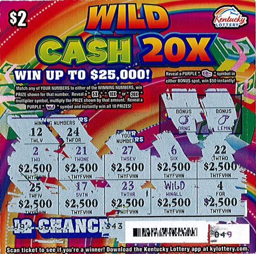 Kentucky Lottery Winning Wild Cash 20X scratch-off ticket