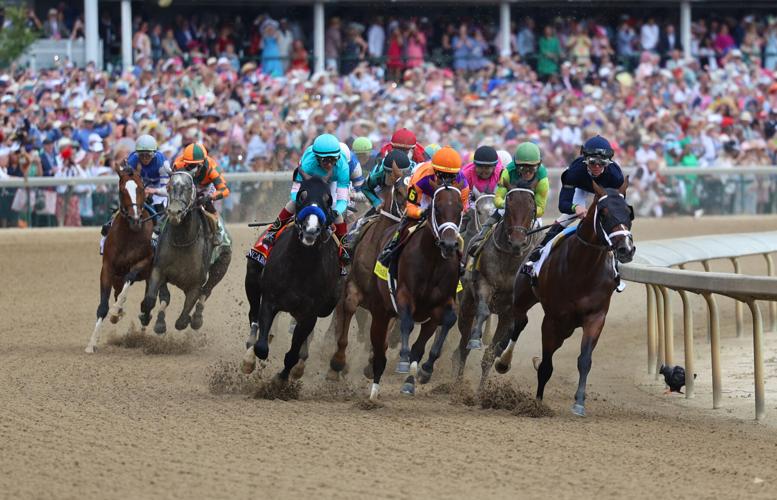 Horses pass First Stretch at 2023 Kentucky Derby.JPG