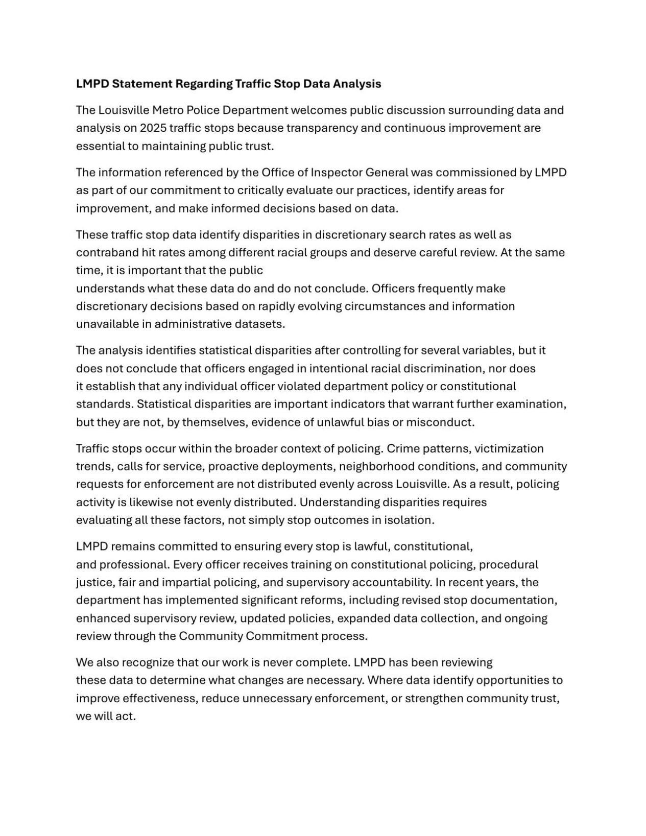 LMPD Statement Regarding Traffic Stop Data Analysis