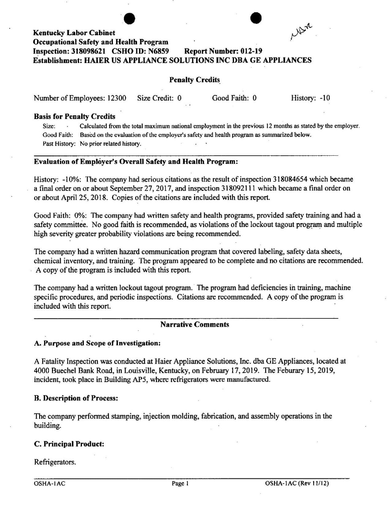 OSHA investigation of Feb. 2019 fatal workplace accident at GE Appliance Park