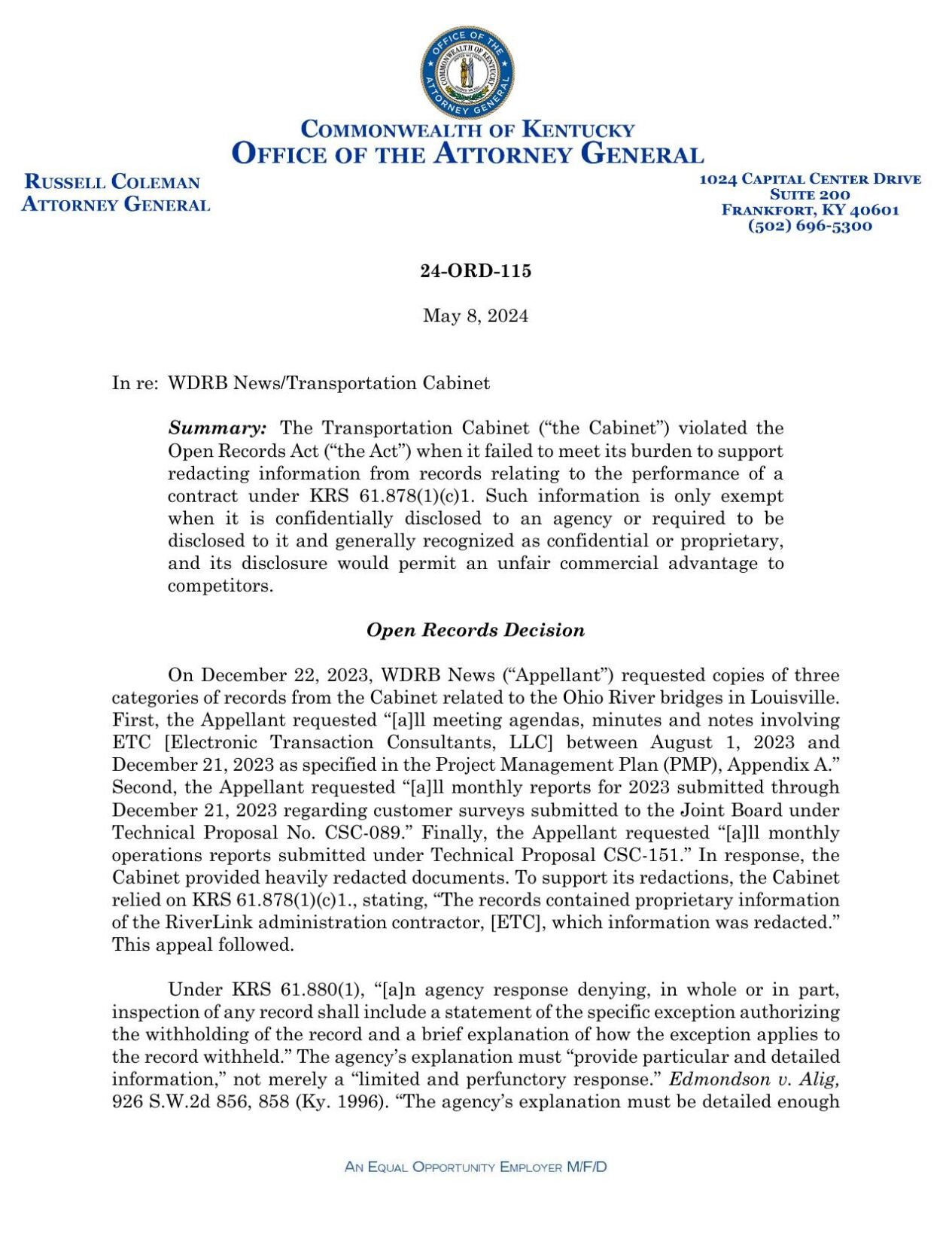 Kentucky Attorney General's opinion