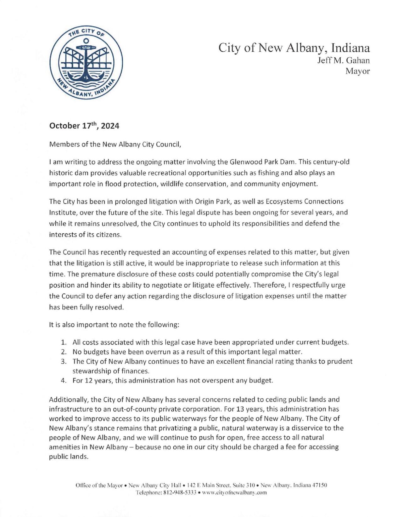 New Albany Mayor Jeff Gahan letter to City Council 10-17-24