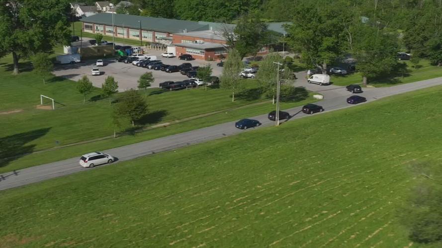 Medora Elementary School drop off lane drone shot