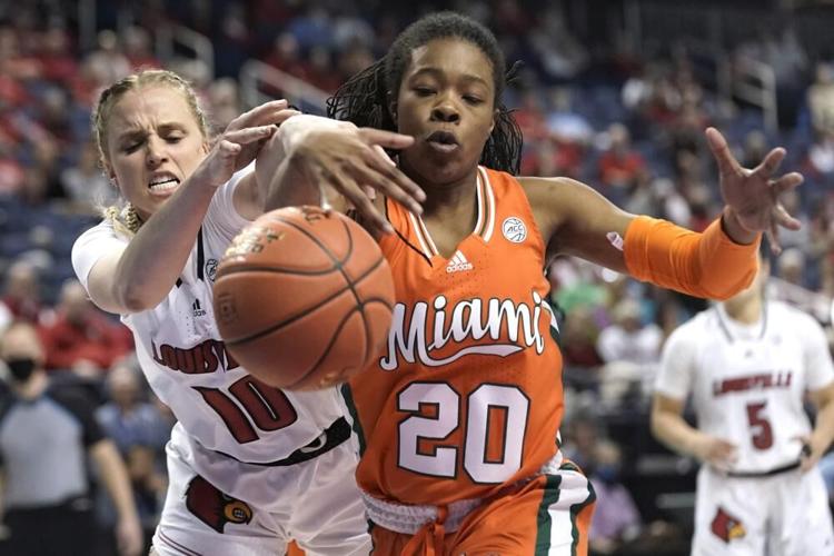 Louisville guard Hailey Van Lith and Miami's Kelsey Marshall.jpeg