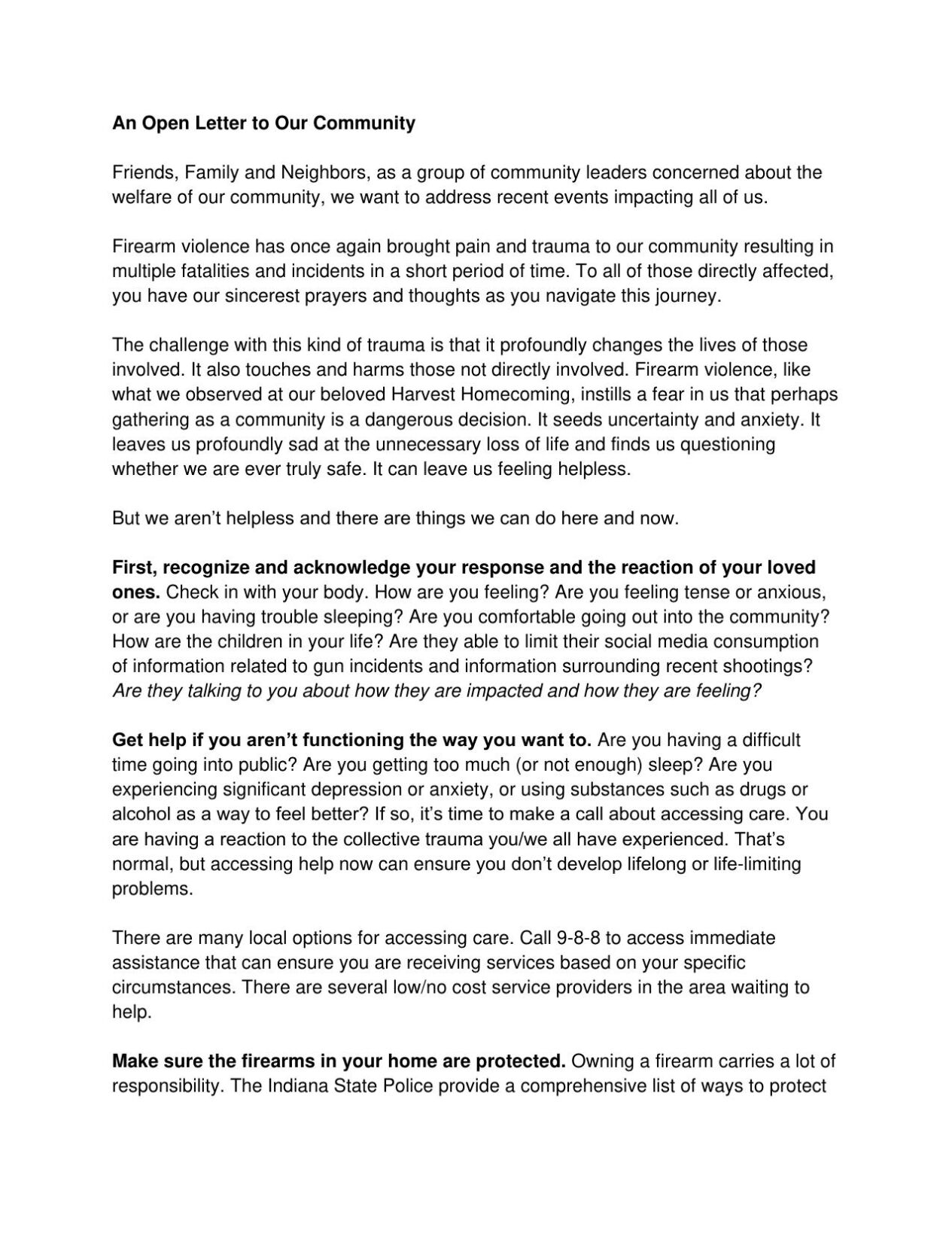 Open letter to community after Harvest Homecoming