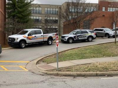 Police vehicles outside Eastern High School after gun found there on Jan. 23, 2023