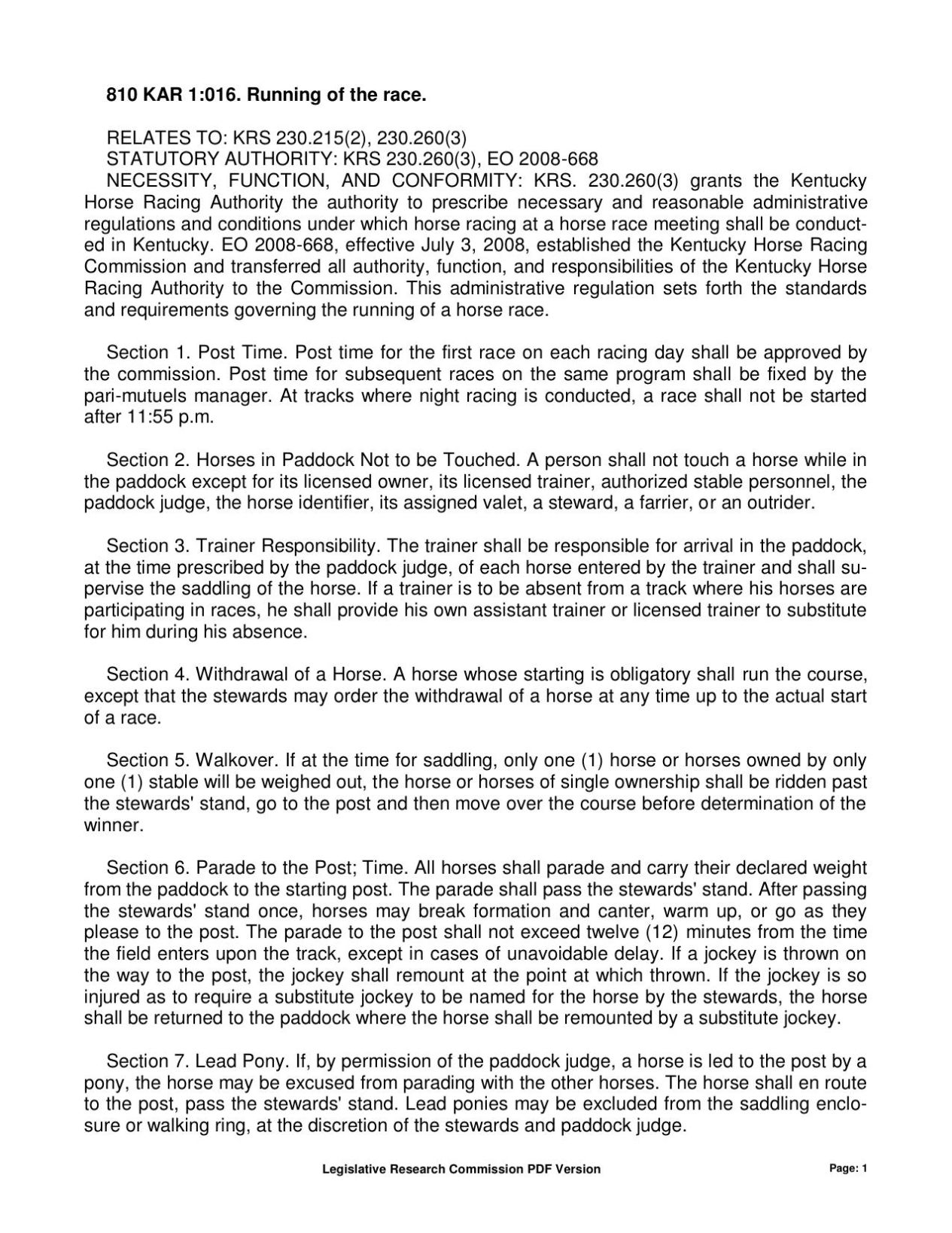 Kentucky Horse Racing Commission Regulations
